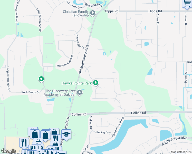 map of restaurants, bars, coffee shops, grocery stores, and more near 9269 Hawks Run Lane in Jacksonville