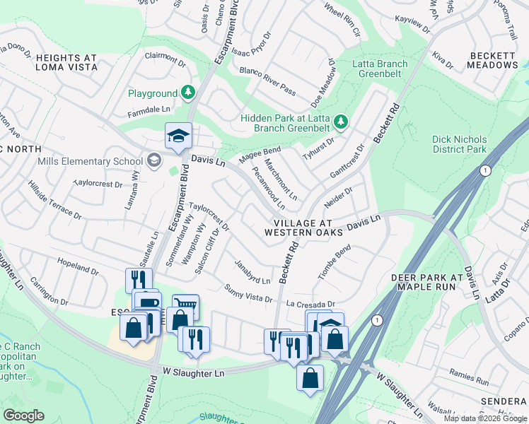 map of restaurants, bars, coffee shops, grocery stores, and more near 5947 Lomita Verde Circle in Austin