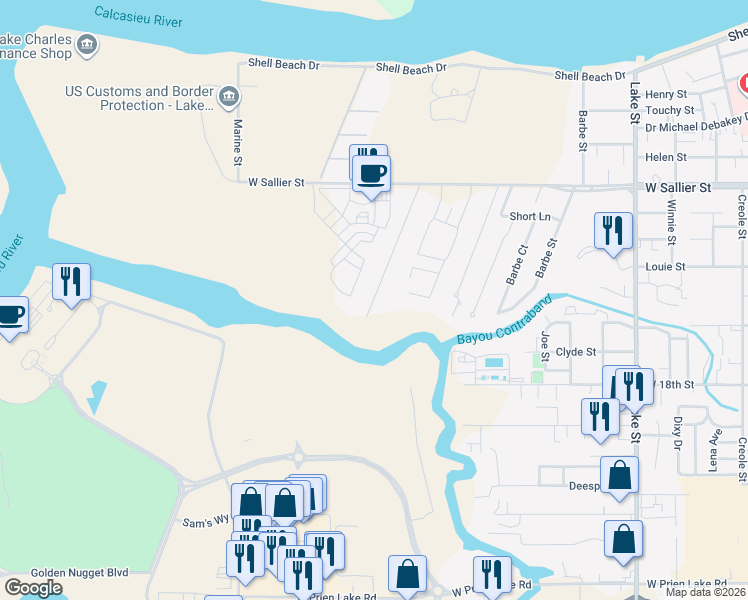 map of restaurants, bars, coffee shops, grocery stores, and more near 1333 W Sallier St in Lake Charles