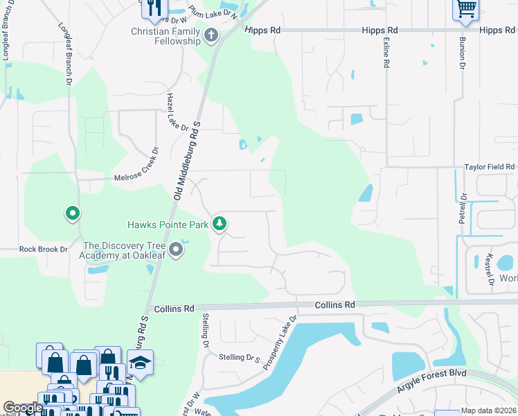 map of restaurants, bars, coffee shops, grocery stores, and more near 9225 Hawks Run Lane in Jacksonville