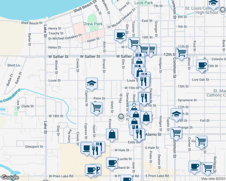 map of restaurants, bars, coffee shops, grocery stores, and more near 2420 Dietz Street in Lake Charles