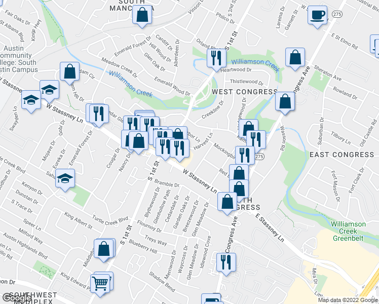 map of restaurants, bars, coffee shops, grocery stores, and more near 5411 Harvest Lane in Austin
