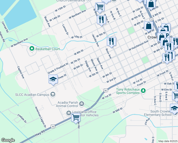 map of restaurants, bars, coffee shops, grocery stores, and more near 519 Stagg Ave in Crowley