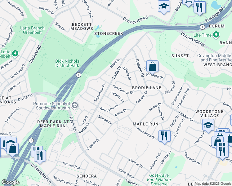 map of restaurants, bars, coffee shops, grocery stores, and more near 4608 Velasco Place in Austin