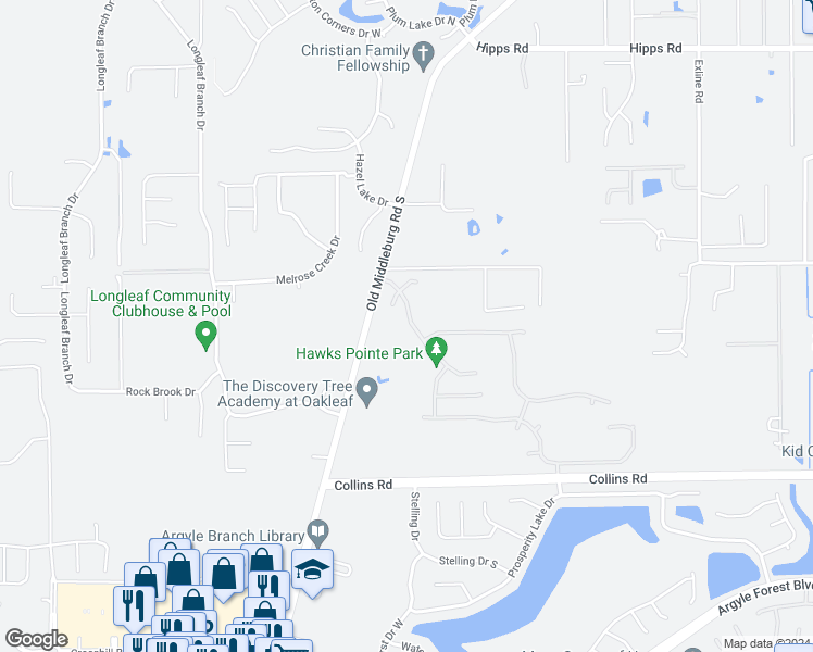 map of restaurants, bars, coffee shops, grocery stores, and more near 9324 Hawks Point Drive in Jacksonville