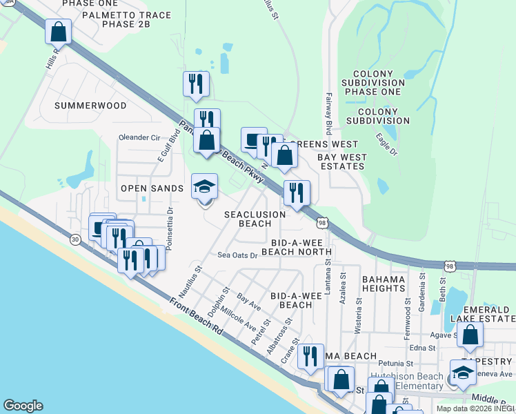 map of restaurants, bars, coffee shops, grocery stores, and more near 109 Seaclusion Drive in Panama City Beach