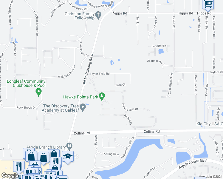 map of restaurants, bars, coffee shops, grocery stores, and more near 9245 Hawks Run Lane in Jacksonville