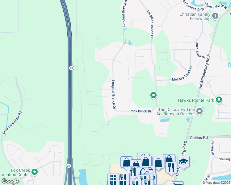 map of restaurants, bars, coffee shops, grocery stores, and more near 6366 Longleaf Branch Drive in Jacksonville