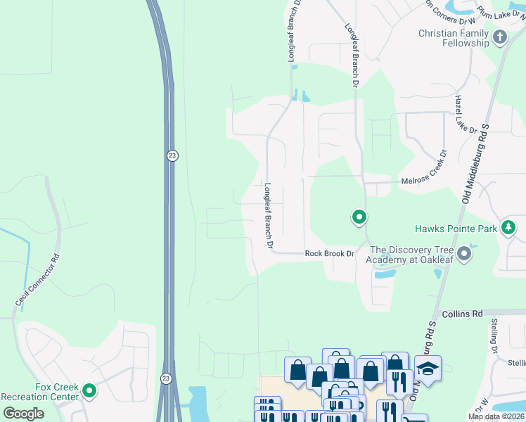 map of restaurants, bars, coffee shops, grocery stores, and more near 6366 Longleaf Branch Drive in Jacksonville