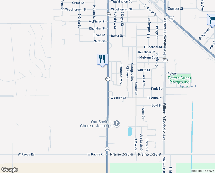 map of restaurants, bars, coffee shops, grocery stores, and more near 1301-1439 South Lake Arthur Avenue in Jennings