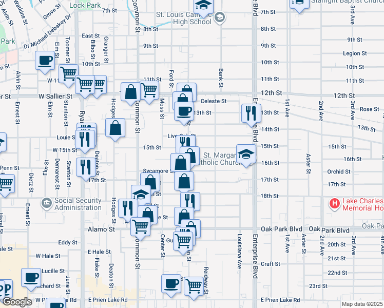 map of restaurants, bars, coffee shops, grocery stores, and more near 721 16th Street in Lake Charles