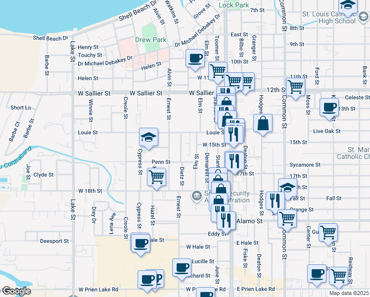 map of restaurants, bars, coffee shops, grocery stores, and more near 2410 Elm Street in Lake Charles