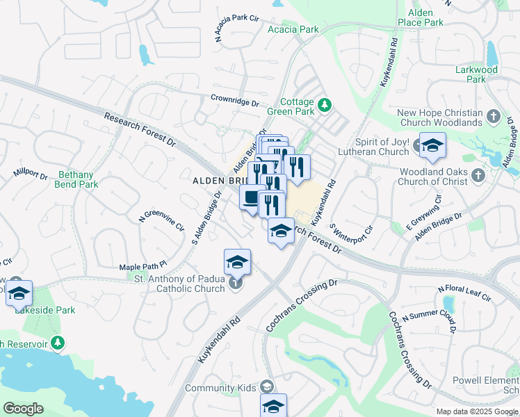map of restaurants, bars, coffee shops, grocery stores, and more near 8021 Research Forest Drive in The Woodlands