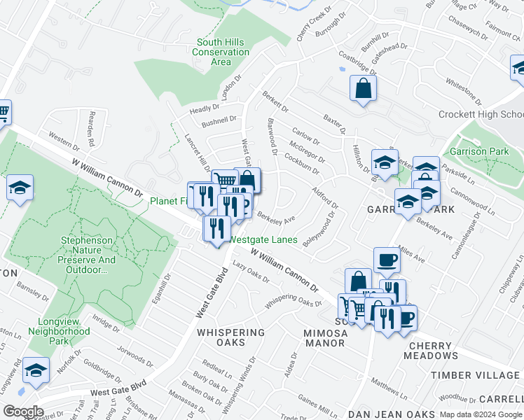 map of restaurants, bars, coffee shops, grocery stores, and more near 6702 Blarwood Drive in Austin