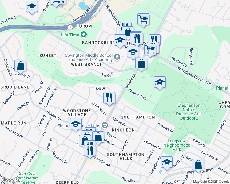 map of restaurants, bars, coffee shops, grocery stores, and more near 7503 Saint Amant Place in Austin