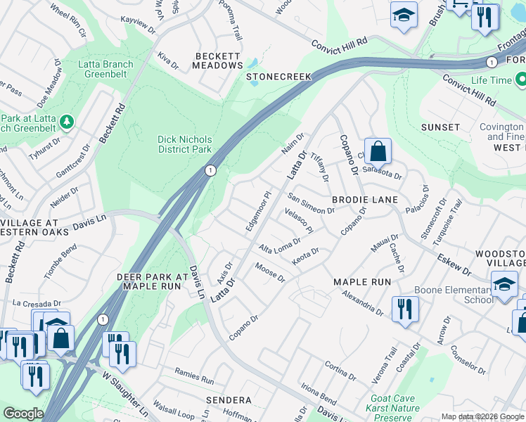 map of restaurants, bars, coffee shops, grocery stores, and more near 8303 Edgemoor Place in Austin