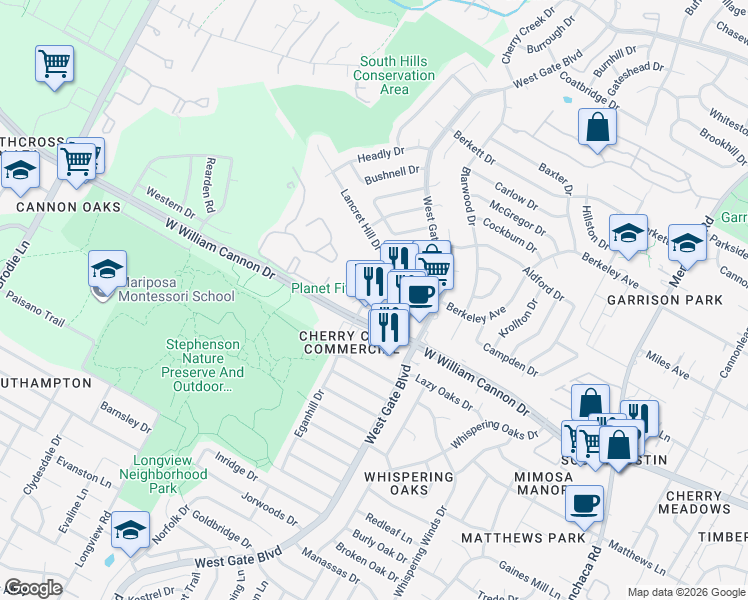 map of restaurants, bars, coffee shops, grocery stores, and more near 2712 West William Cannon Drive in Austin