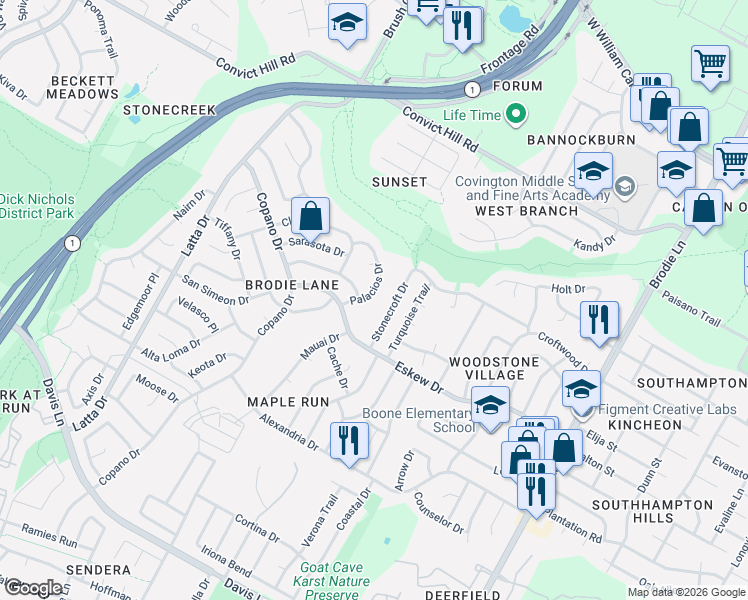 map of restaurants, bars, coffee shops, grocery stores, and more near 7819 Palacios Drive in Austin
