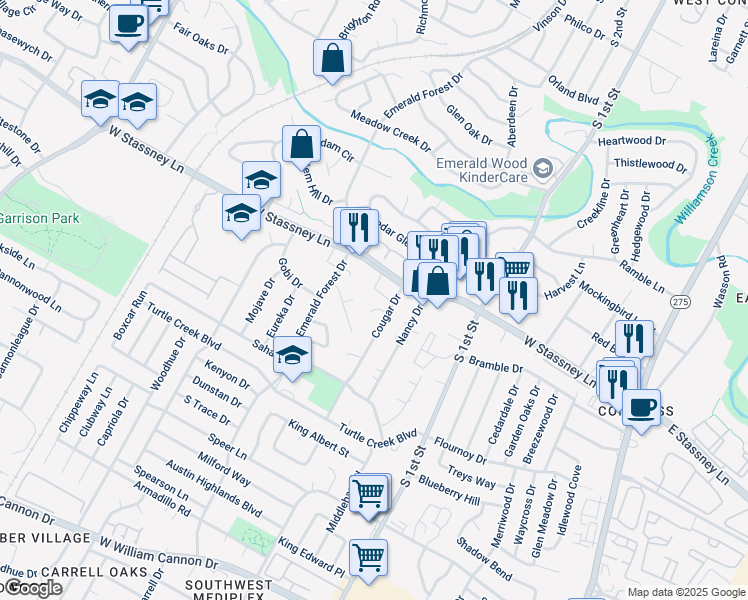 map of restaurants, bars, coffee shops, grocery stores, and more near 908 Cougar Cove in Austin