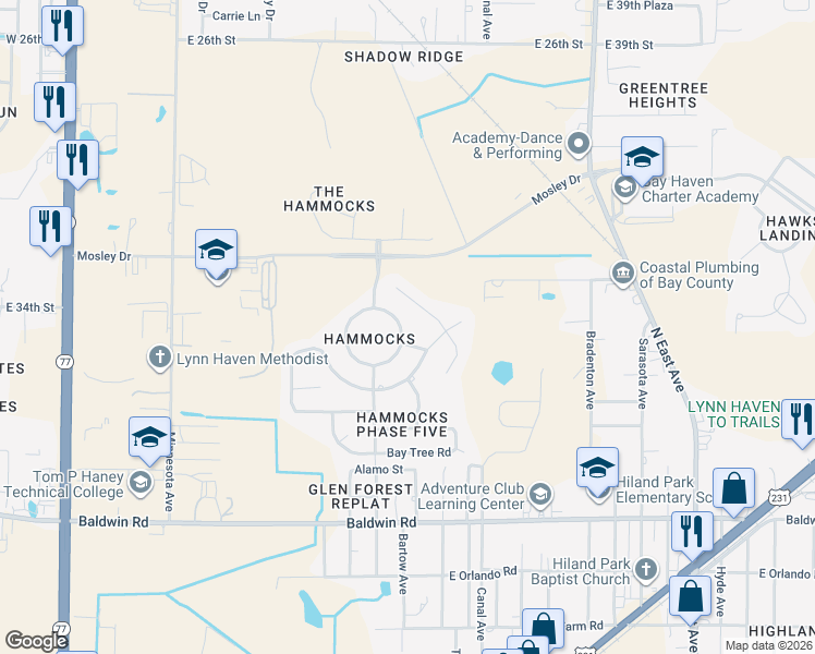 map of restaurants, bars, coffee shops, grocery stores, and more near 3213 Azalea Circle in Lynn Haven