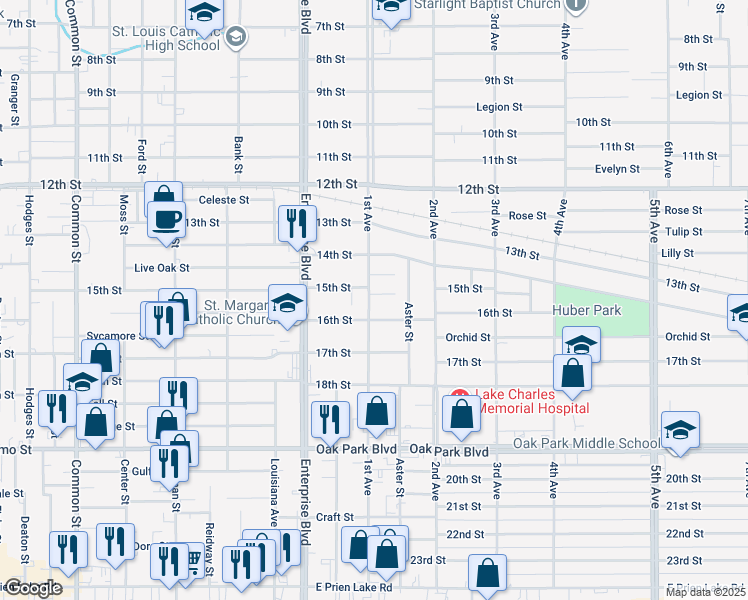 map of restaurants, bars, coffee shops, grocery stores, and more near 1400 15th Street in Lake Charles