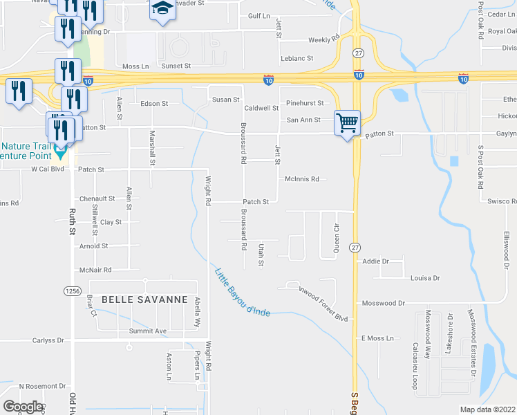 map of restaurants, bars, coffee shops, grocery stores, and more near 1312 Patch Street in Sulphur