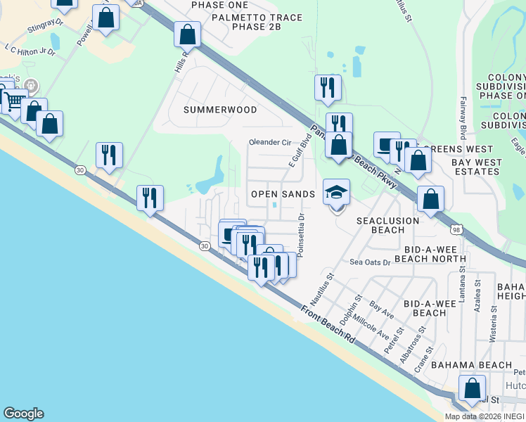 map of restaurants, bars, coffee shops, grocery stores, and more near 600 West Caladium Circle in Panama City Beach