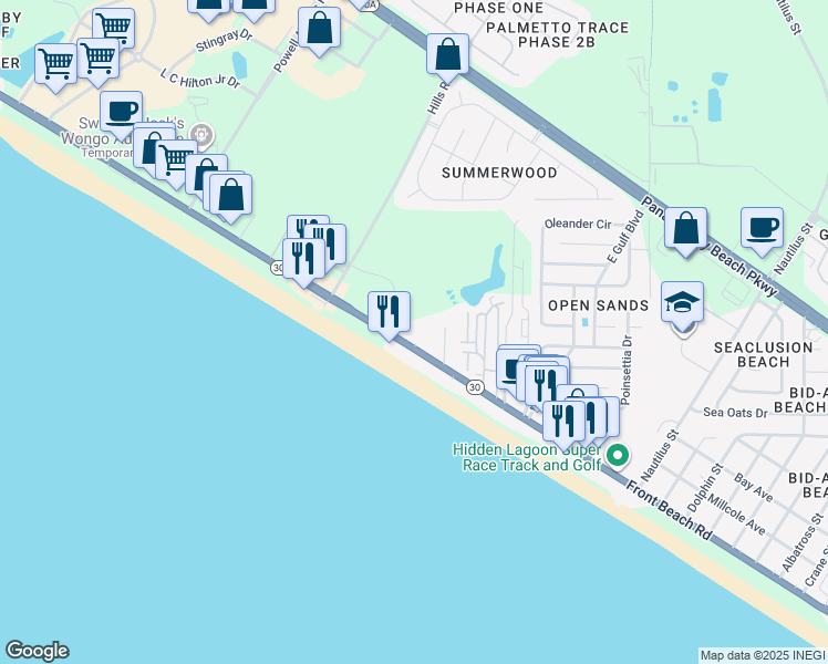 map of restaurants, bars, coffee shops, grocery stores, and more near 15100 Front Beach Road in Panama City Beach