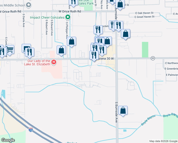 map of restaurants, bars, coffee shops, grocery stores, and more near 101-899 State Highway 30 in Gonzales