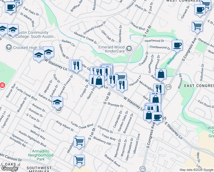 map of restaurants, bars, coffee shops, grocery stores, and more near 5608 South 1st Street in Austin