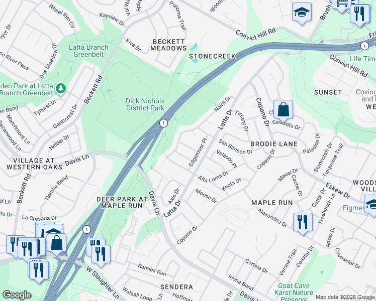 map of restaurants, bars, coffee shops, grocery stores, and more near 8303 Edgemoor Place in Austin
