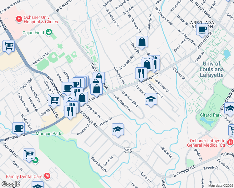 map of restaurants, bars, coffee shops, grocery stores, and more near 117 Twin Oaks Boulevard in Lafayette