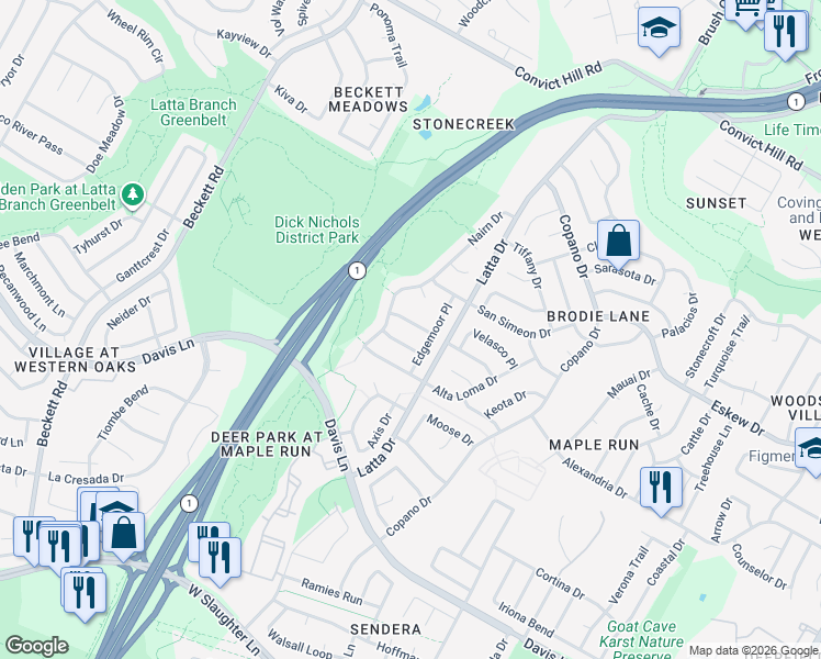 map of restaurants, bars, coffee shops, grocery stores, and more near 8303 Edgemoor Place in Austin