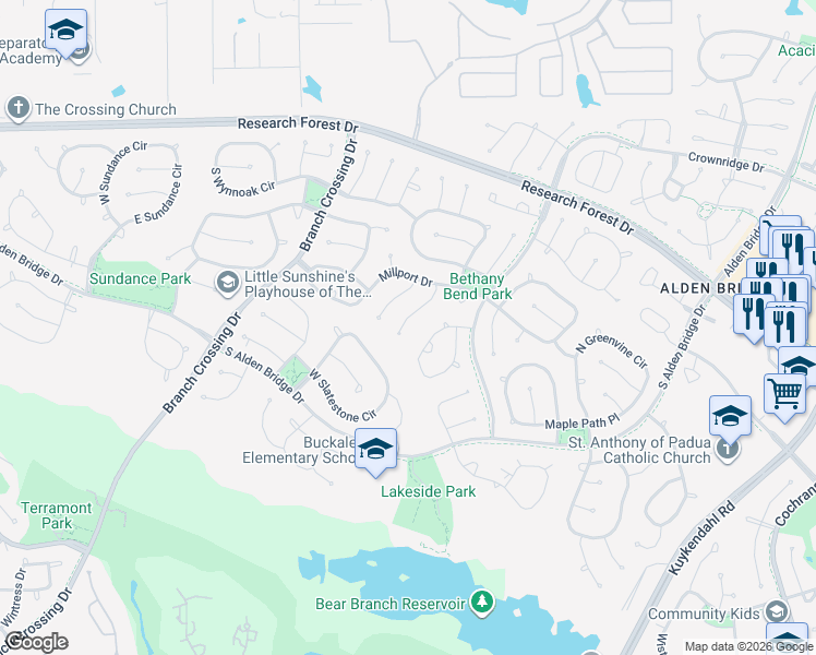 map of restaurants, bars, coffee shops, grocery stores, and more near 38 Clover Gate Circle in Spring