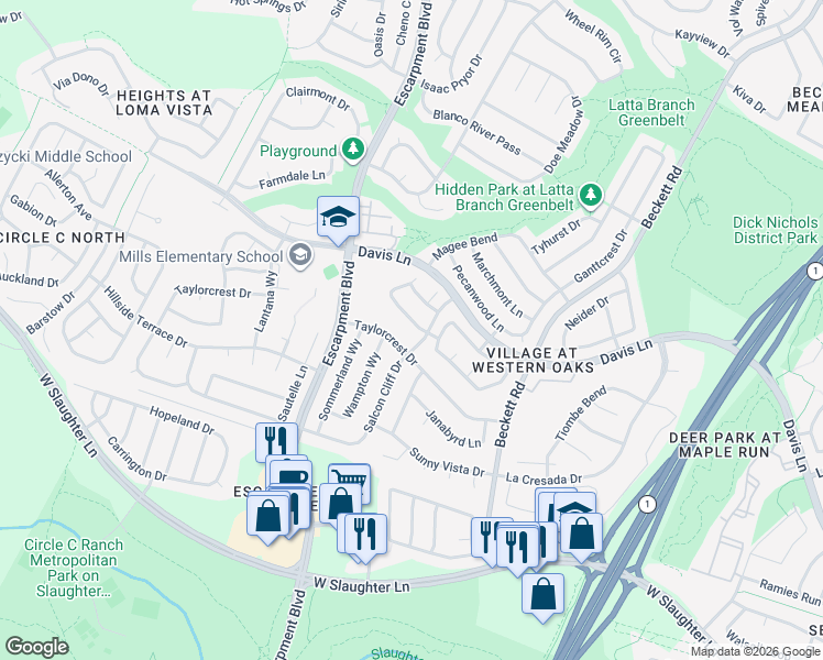 map of restaurants, bars, coffee shops, grocery stores, and more near 6036 Mesa Verde Circle in Austin