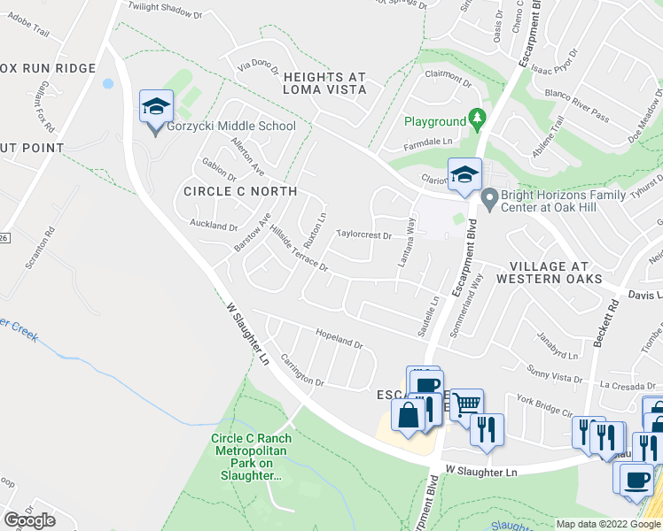 map of restaurants, bars, coffee shops, grocery stores, and more near 6502 Hillside Terrace Drive in Austin