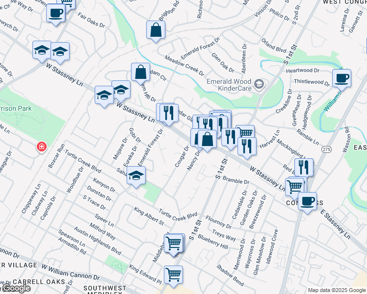 map of restaurants, bars, coffee shops, grocery stores, and more near 5701 Cougar Drive in Austin