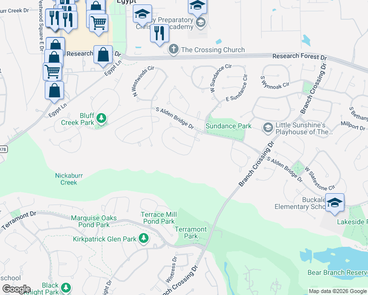 map of restaurants, bars, coffee shops, grocery stores, and more near 107 South Plum Crest Circle in Spring