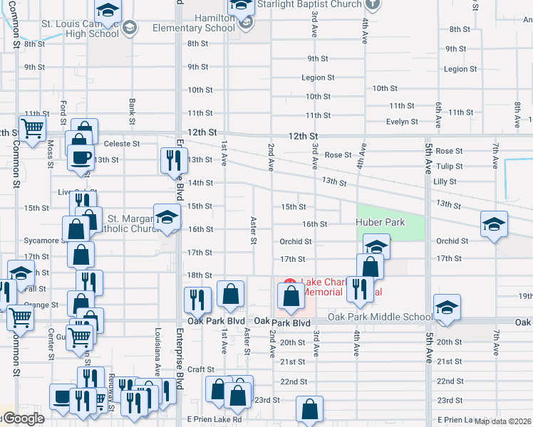 map of restaurants, bars, coffee shops, grocery stores, and more near 2417 Aster Street in Lake Charles