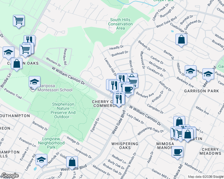 map of restaurants, bars, coffee shops, grocery stores, and more near in Austin