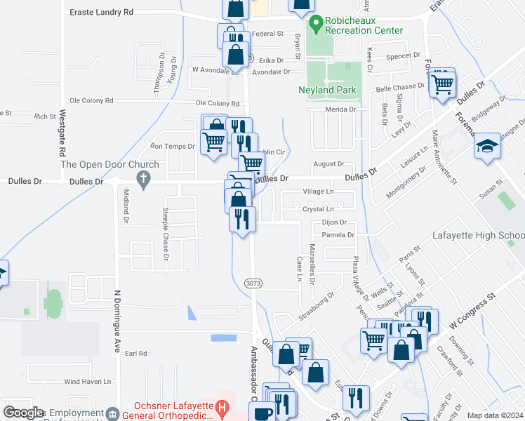 map of restaurants, bars, coffee shops, grocery stores, and more near 301 Wilbourn Boulevard in Lafayette