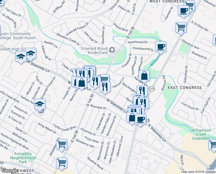 map of restaurants, bars, coffee shops, grocery stores, and more near 5411 Harvest Lane in Austin