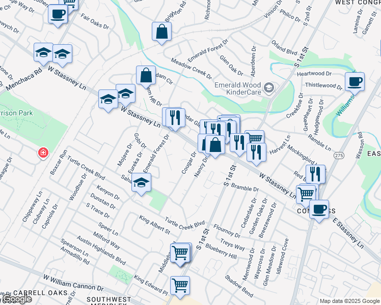 map of restaurants, bars, coffee shops, grocery stores, and more near 5701 Cougar Drive in Austin