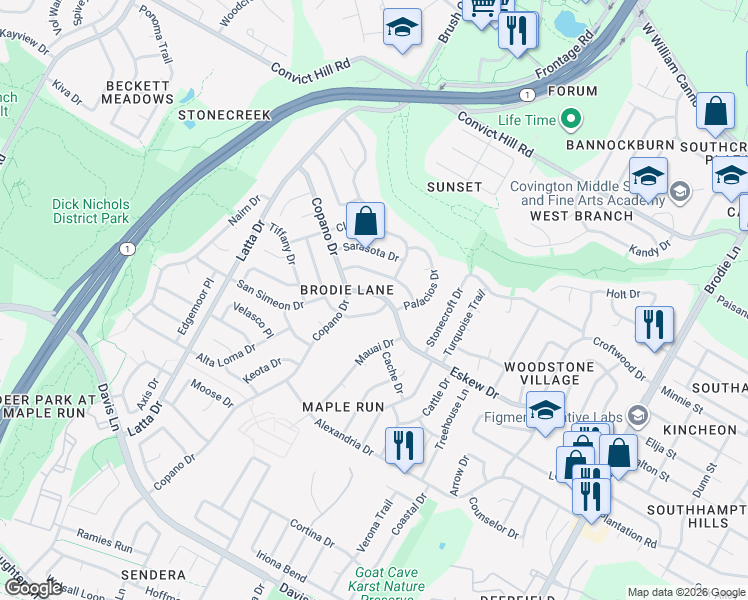 map of restaurants, bars, coffee shops, grocery stores, and more near 4308 Manzanillo Drive in Austin