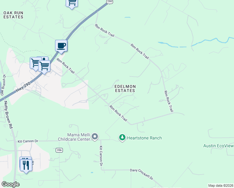 map of restaurants, bars, coffee shops, grocery stores, and more near 11778 Rim Rock Trail in Austin