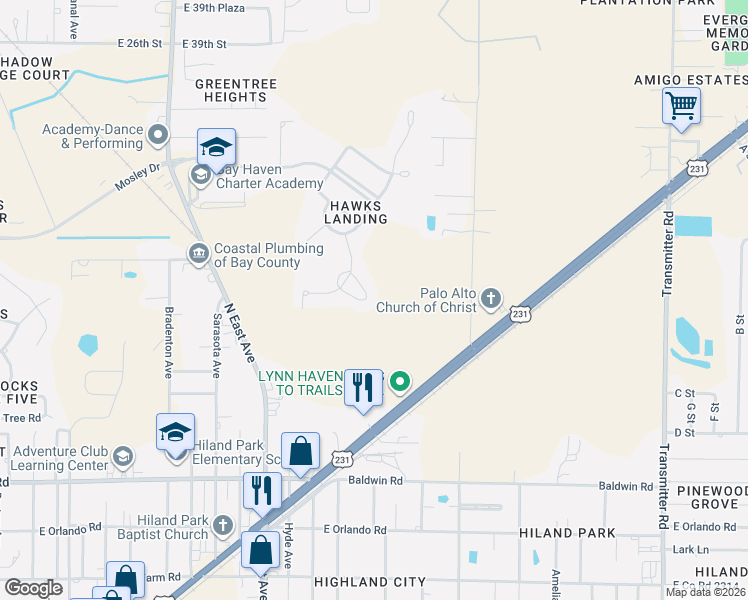 map of restaurants, bars, coffee shops, grocery stores, and more near 3012 Bay Wing Loop in Panama City