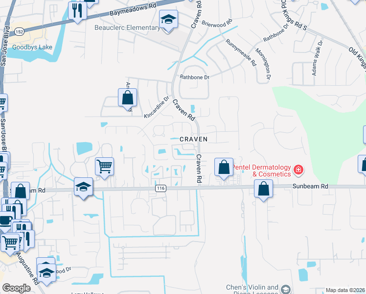 map of restaurants, bars, coffee shops, grocery stores, and more near 9360 Craven Road in Jacksonville