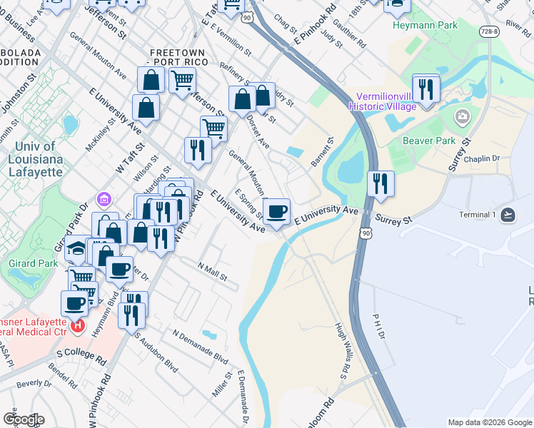 map of restaurants, bars, coffee shops, grocery stores, and more near 1500-1540 General Mouton Avenue in Lafayette