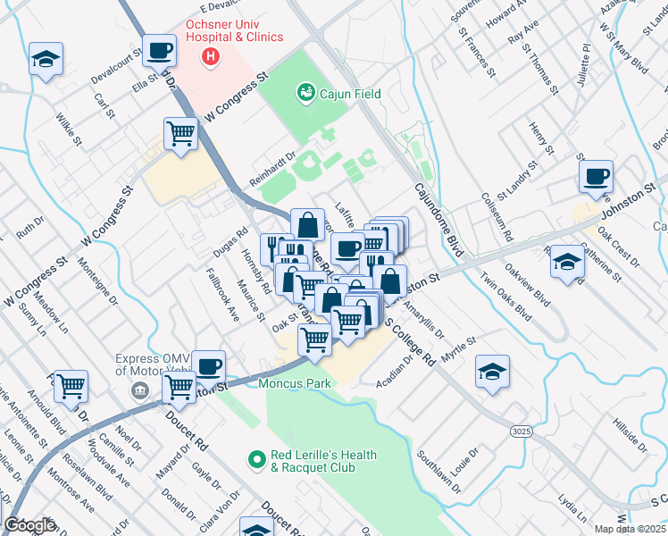 map of restaurants, bars, coffee shops, grocery stores, and more near 208 North College Road in Lafayette