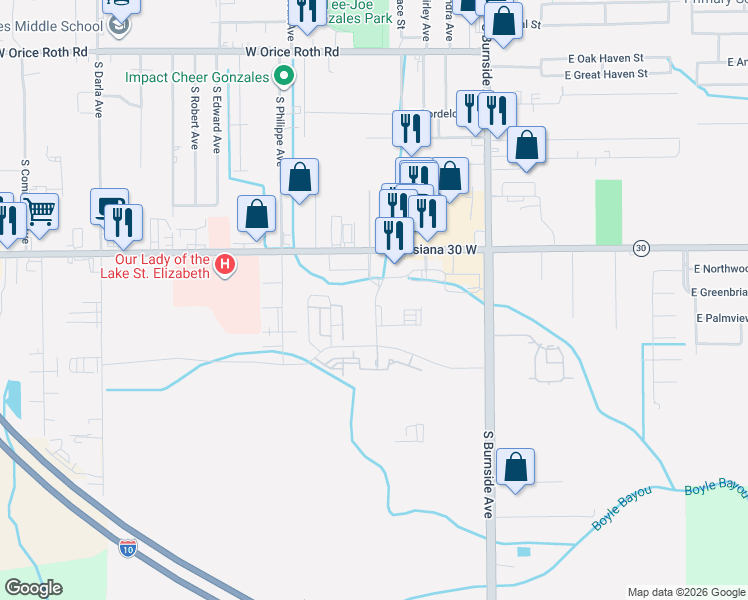 map of restaurants, bars, coffee shops, grocery stores, and more near 101-899 State Highway 30 in Gonzales